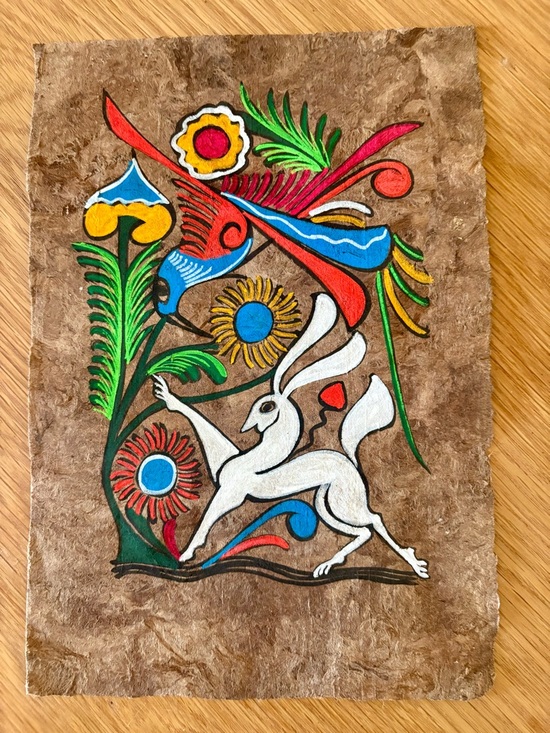 Handmade Other - Hand-Painted Mexican Folk Art Rabbit on Bark - White, Multicolor